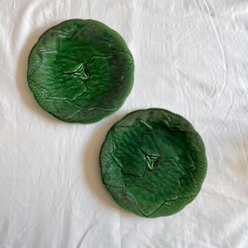 Deux assiettes en barbotine feuille verte